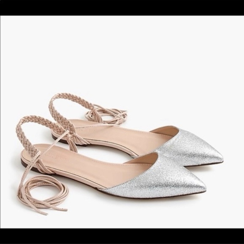 J Crew pointed toe glitter silver flats lace up sz 7